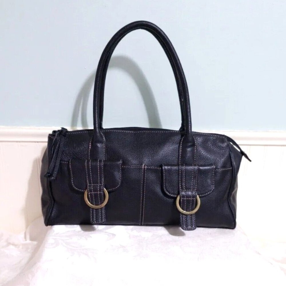 AK Anne Klein BLACK 100% Leather Satchel Bag Purse Top Zip Outside Pockets Lined